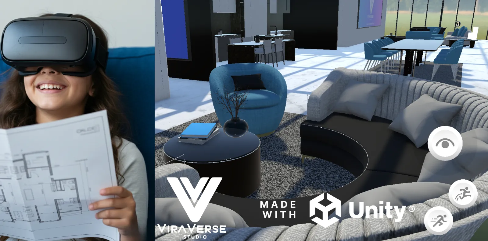 Buyer with VR headset exploring immersive property simulation with real-time customization — Viraverse Studio